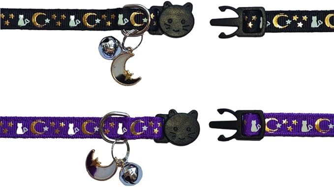 2 Pack Breakaway Cat Collars, Glow in Dark with Bell & Moon Star Pendant, Safety Buckle Kitten Collars Adjustable from 6.9-10.7" (Black/Purple)