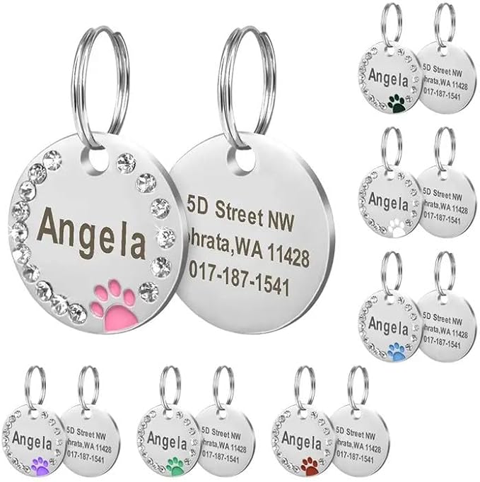 Personalized Dog/Cat Cute Paw Pet ID Tag for Pet Collar or Key Chain - Custom Laser Engraved Unique Dog/cat Name tag with Phone Number (Black, Crystals Round-Small)