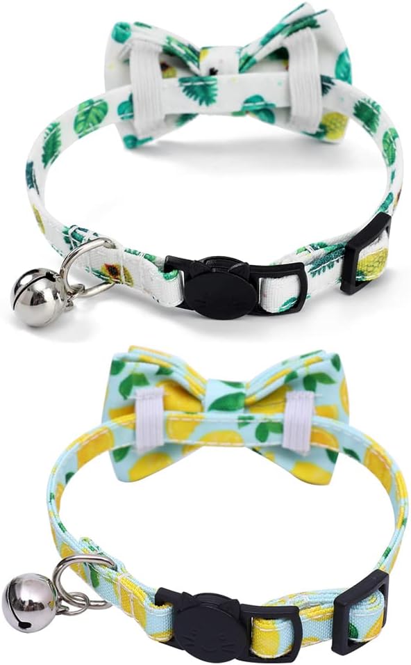 2-Pack Breakaway Cat Collars with Removable Double-Layer Bow Tie and Bell for Boy and Girl Cats,Safety Kitten Collars Suitable for Festivals and Daily. (Lemon&Pineapple)