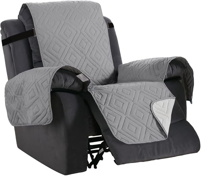 H.VERSAILTEX Reversible Quilted Recliner Covers Water Resistant Furniture Protector for Reclienr Chair with Elastic Straps for Pets Kids Sitting Width Up to 22"(Recliner, Light Grey/Beige)