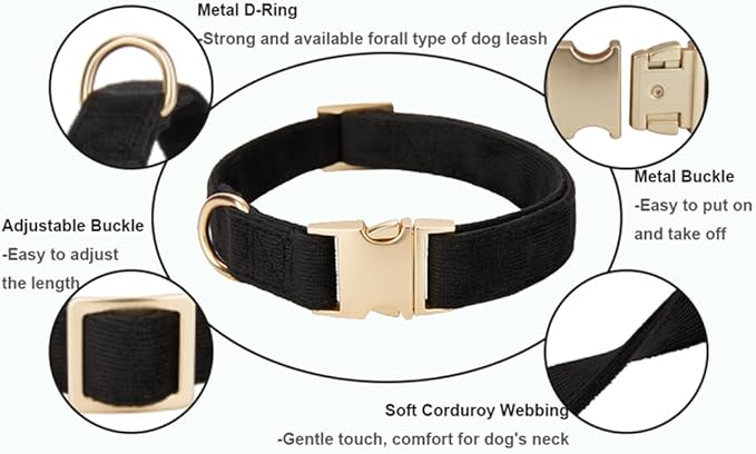 Soft Cotton Dog Collar with Metal Buckle Adjustable Heavy Duty Comfy Corduroy Collars for Small Medium Large Dogs,Black,Large