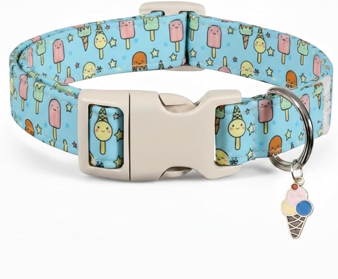 Small Dog Collar, Cute Dog Collar with Ice Cream Print and Charm for Girls Boys Dogs, Adjustable Blue Pet Collar for Small Dogs, Spring Summer Design Collar, S