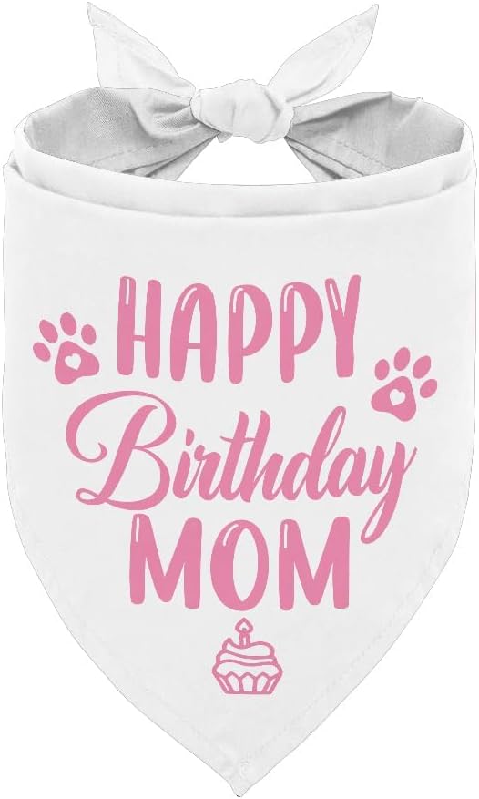 Happy Birthday Mom Dog Bandana - White Dog Scarf Accessory for Mom's Birthday Party (L20)