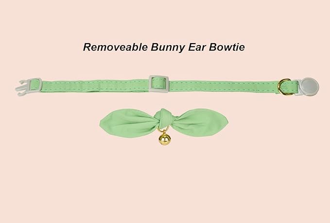 Bunny Ear Cat Collar with Bell and Bow Tie, Breakaway Cute Bowtie Kitten Collars(Grass Green)