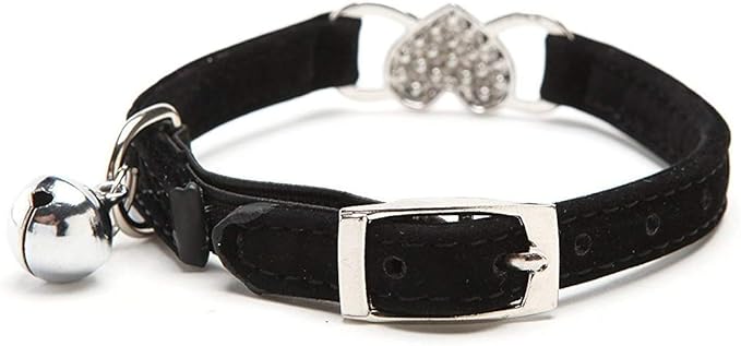 CHUKCHI Pink Soft Velvet Safe Cat Adjustable Collar with Crystal Heart Charm and Bells 8-11 Inches(Black+Red)