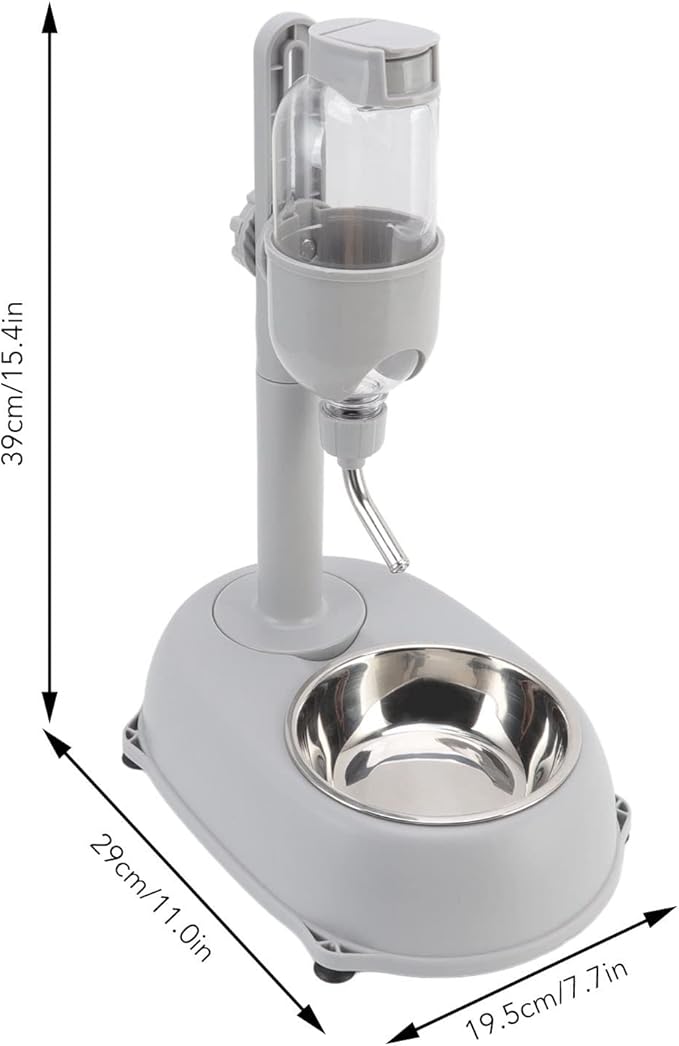 Pet Standing Water Dispenser, Multifunctional 2 in 1 Detachable Height Adjustable Pet Puppy Dog Kitten Bowl 500ml, Automatic Standing Water Feeder for Puppy Dwarf Dog Cat,Grey