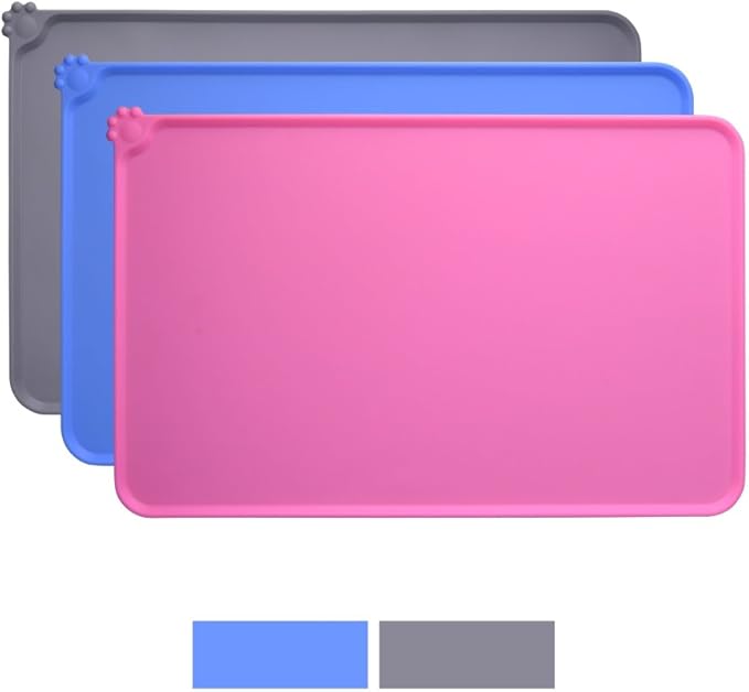 Silicone Cat & Dog Bowl Mat, Non-Slip Pet Feeding Mat - Waterproof Dog & Cat Placemat (21"x14.8", Pink)