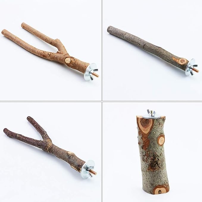 BILLIOTEAM 4 Pack Natural Wood Bird Perch Parrot Stand Branches Fork Toys,Pet Bird Cage Wooden Hanging Perch Platform Hammock Swing Toy for Small Parakeets,Budgies,Cockatiels,Conures,Finches