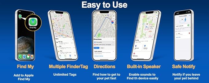PawsPath Pet GPS Tracker Collar, Unlimited Range Waterproof Cat Dog Anti-Lost Device Smart Locator Tracking GPS Pet Tracker Collar for Apple iOS FindMy (Blue, Medium)