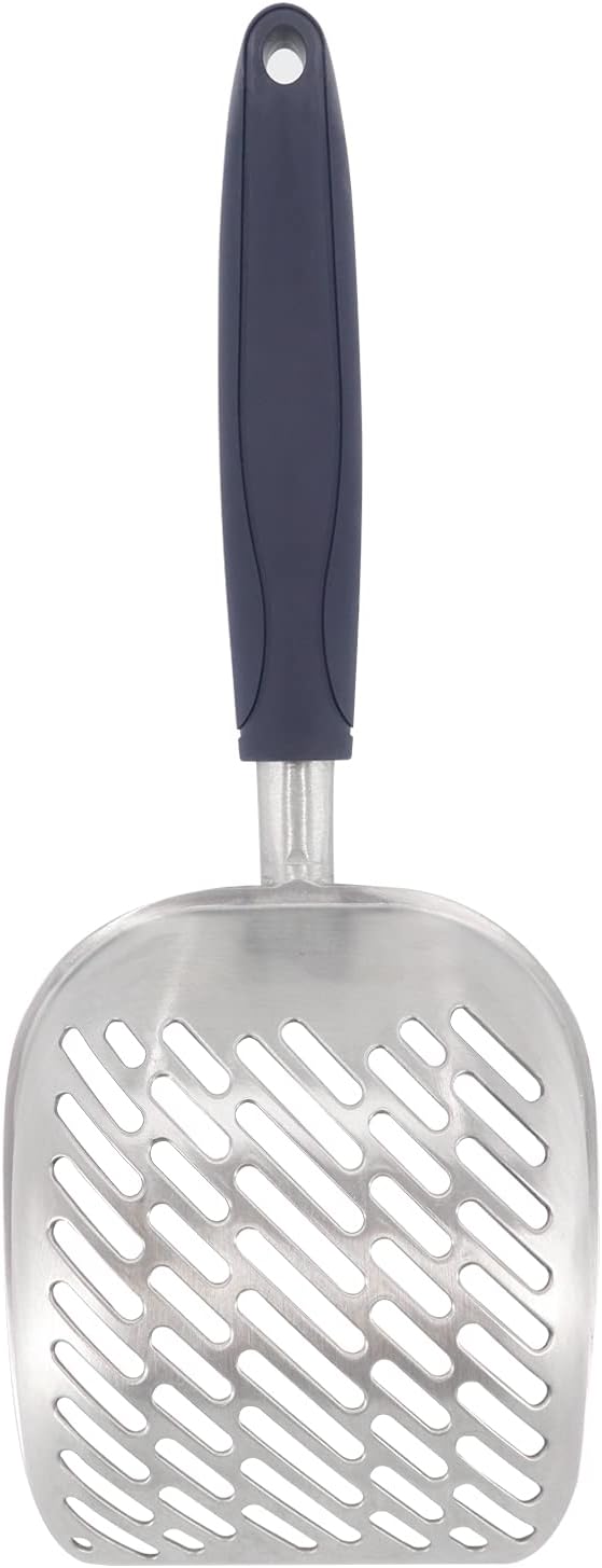 Non-Stick Metal Cat Litter Scoop with Long Handle, Solid Aluminum Alloy Deep Shovel, Kitten Pooper Lifter Scoop with Hole, Durable Kitty Litter Box Scooper Poop Sifter (Dark)