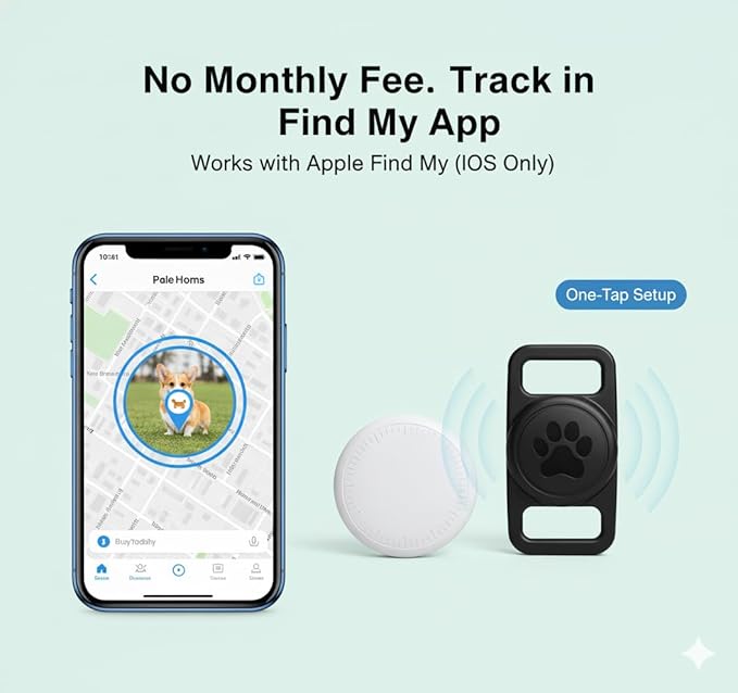 Smart Pet Location Tag with Holder – No Monthly Fee, Compatible with Apple Find My (iOS Only), Lightweight Anti-Lost Locator for Pets, Bags, and Personal Items