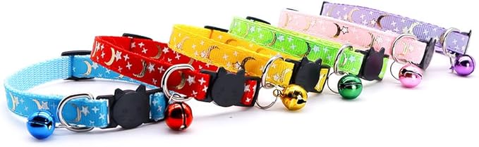 Reflective Cat Collars Breakaway with Bell 2-Pack Girl Boy Pet Kitten Collar with Star Moon Patetrn Adjustable 7.5-12.5 Inch (Red)
