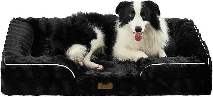 Orthopedic Dog Bed for Large Size Dog, Soft and Warm Faux Fur Extra Large Sofa for Pet Up to 100 lbs, Foam Bolster Anti-Slip Couch with Washable Removable Cover, XL 44x32x7 inch, Black