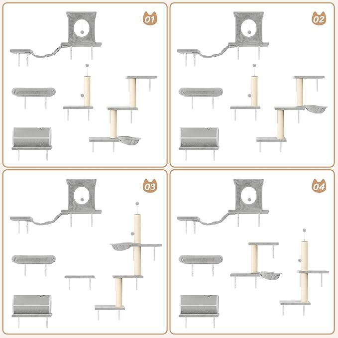 7-in-1 Cat Wall Shelves, Wall Mounted Cat Climber Set, Cat Furniture with House, Tunnel, Bridge, Steps, Scratcher, Hammock, Shelves for Indoor, Gray