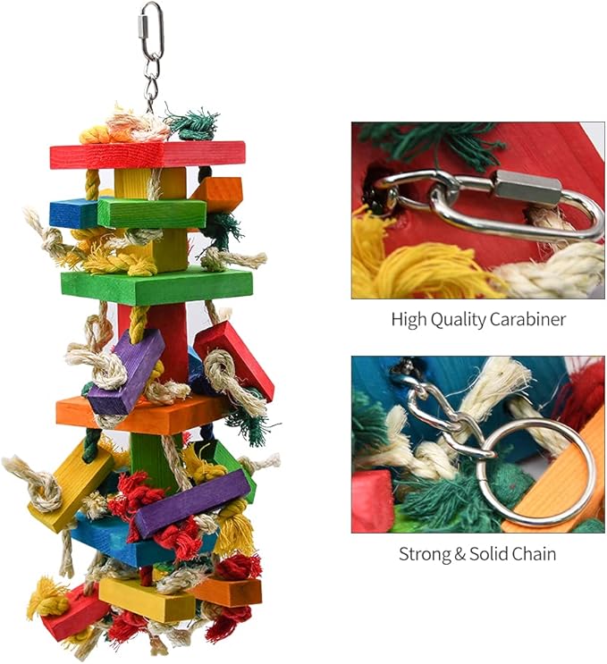RUBY.Q 2 Pack Large Parrot Toy, 20in Bird Parrot Toy, Multicolored Natural Wooden Bird Chewing Toys for Large Macaws, African Grey and a Variety of Amazon Parrots