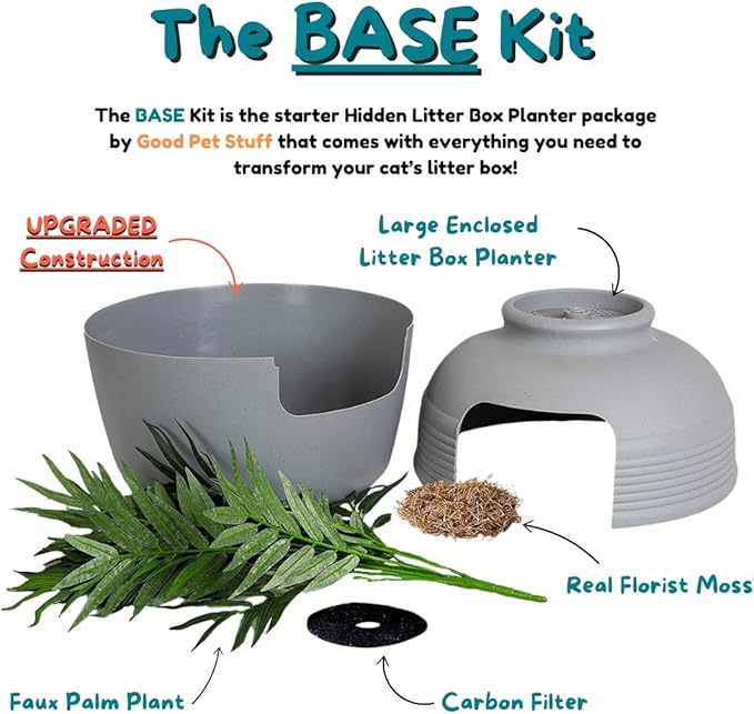 Good Pet Stuff Hidden Litter Box Planter, Decorative Cat Litter Enclosure with Carbon Filter, Artificial Plant, Easy Clean, Improved Design, Round Style, Base Kit, Pebble Gray