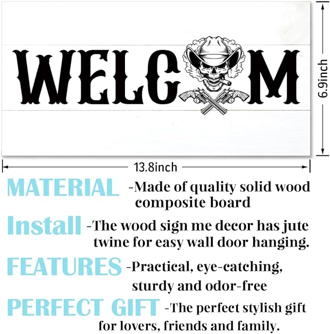 Welcome Sign for Front Door, Welcome Decor Wooden Hanging Sign for Wall Decor, CowBoy Skeleton Pattern Hanging Signs, Funny Wooden Outdoor Front Door Decoration 13.8X6.9 inches