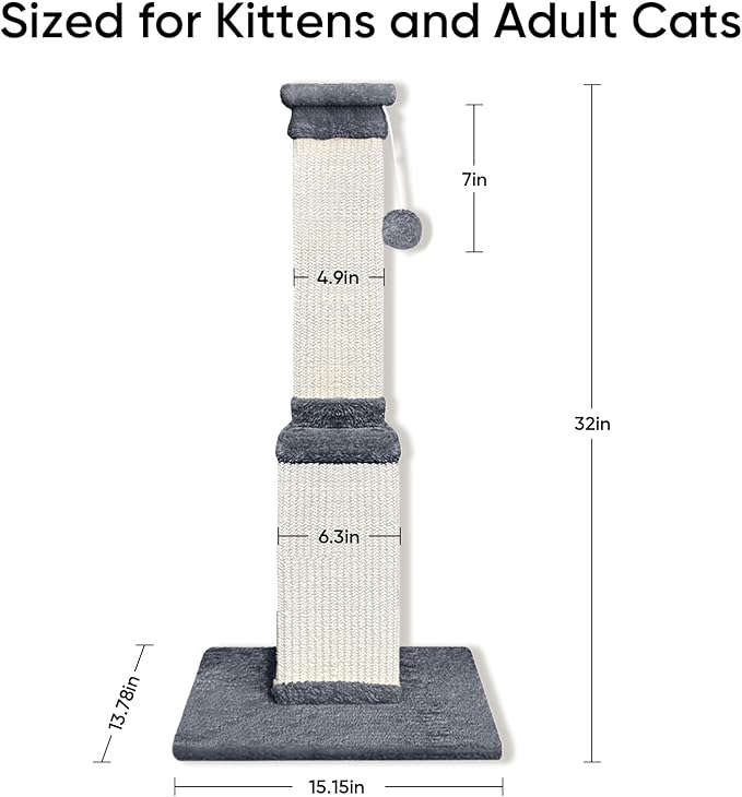 AGYM Cat Scratching Post, 32 Inch Cat Scratching Posts for Large Cats, Scratching Posts for Indoor Cats Adults, Cat Scratch Post with Nature Sisal, Deep Gray