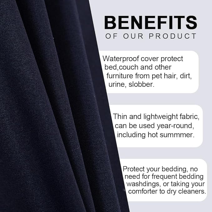 DUJUIKE Waterproof Bed Cover for Dog and Cats,Pet Hair Resistant Bed Sheet Cover, Protective Bed Liner Cover with 100% Waterproof Breathable Thin Fabric (Dark Navy, Super King 90 * 118 inch)