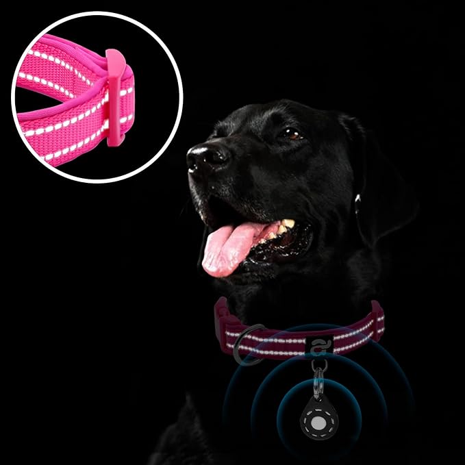 azuza Reflective Dog Collar with Airtag Holder, Soft Neoprene Padded Pet Collar with ID Tag Ring, Adjustable for Puppy and Small Dogs,Hot Pink,XS