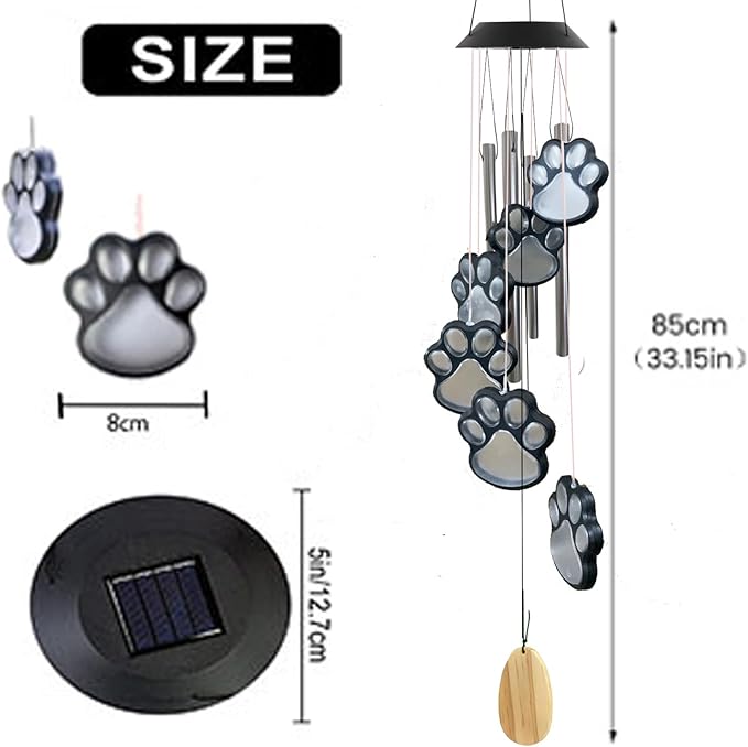 Paw Print Solar Wind Chimes for Outside,Color Changing Paw Prints Wind Chimes Solar Lights Outdoor Yard Decor,Dogs Cat Pet Pawprint Wind Chime,Sympathy Gift for Pet Lover,Garden Gift for Mom Grandma