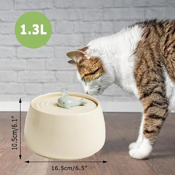 Ceramic Cat Water Fountain, 45oz/1.3L Ultra-Silent Automatic Pet Drinking Water Dispenser for Cats Indoor with Cute Design, Activated Carbon Filter, Perfect for Cats and Small Dogs (White)