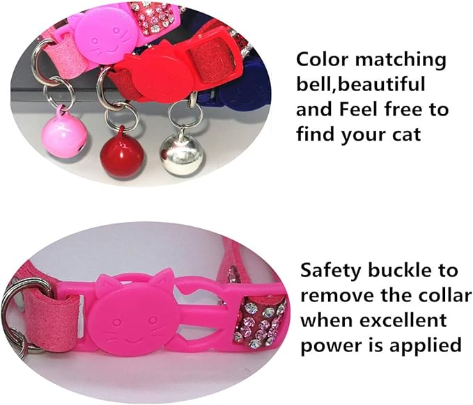 THAIN Basic Adjustable Cat Collar Bling Diamond Breakaway with Bell for Kitten Girl boy (Pink)