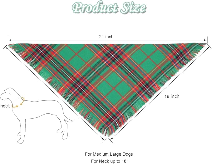 Christmas Dog Bandanas 2PCS-Large,Winter Classic Red Green Plaid Dog Scarf with Tassels Edges,Triangle Holiday Outfit for Boy and Girl Dogs,Pet Costumes for Medium to Large Dogs