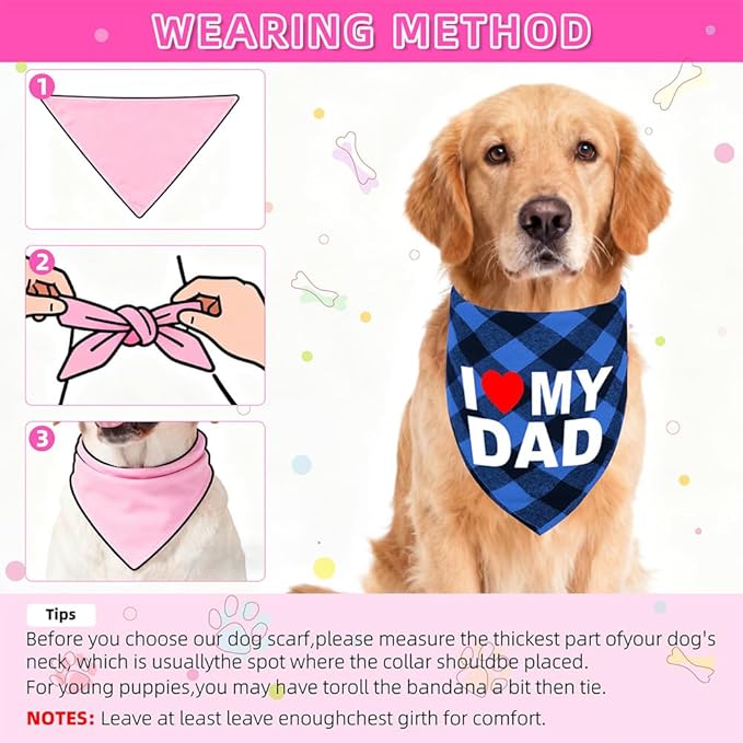 GreenJoy Cute Plaid Dog Bandana – Washable Pet Triangle Scarf for Small, Medium, Large Dogs and Cats, Adjustable Pet Accessory for Birthday, Wedding and Christmas (Blue (I Love My Dad), Small)