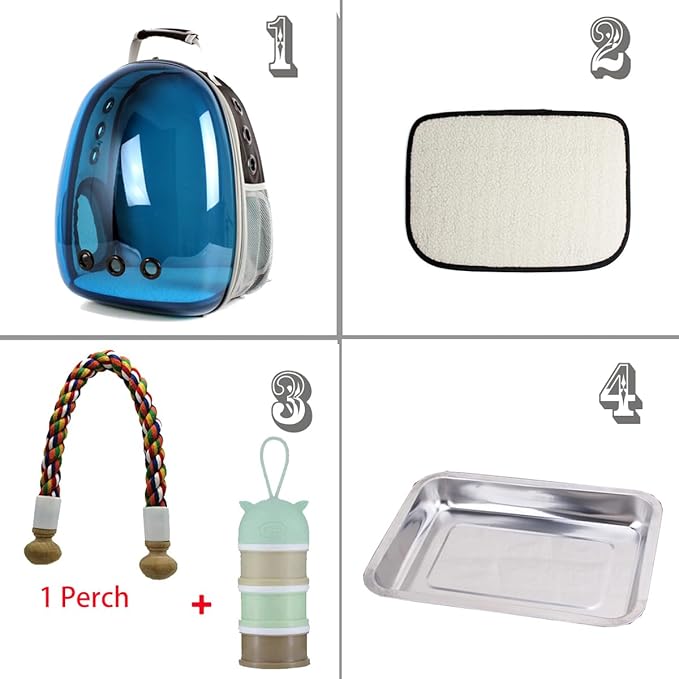 Bird Traval Carrier Cage, Polarized Tinted Blue Space Capsule Astronaut Backpack to Carry Parakeet Cockatiel Parrot with Bird Feeder Metal Tray Wood Perch, Vet Transport Bag