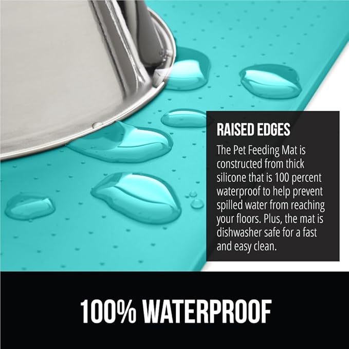 GORILLA GRIP 100% Waterproof Raised Edge BPA Free Silicone Pet Feeding Mat, Dog Cat Food Mats Contain Spills Protects Floors Placemats for Cats and Dogs Water Bowl Pets Accessories 18.5x11.5 Turquoise