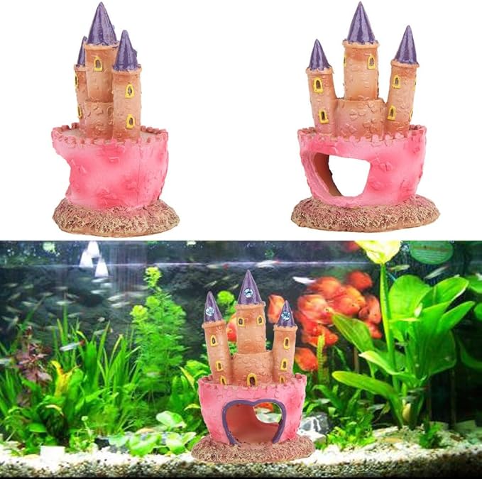 Fish Tank Decorations Pink Castle Aquarium Decorations Resin Fish Cave Hideouts Large Aquarium Decor,Vintage Castle Fish Tank Accessories for Betta Fish Freshwater and Saltwater Fishtanks