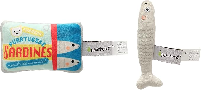 Pearhead Pet Sardines and Fish Plush and Crinkle Cat Toy Set, Includes Catnip, Kitty Owner Playtime Accessory, Set of 2
