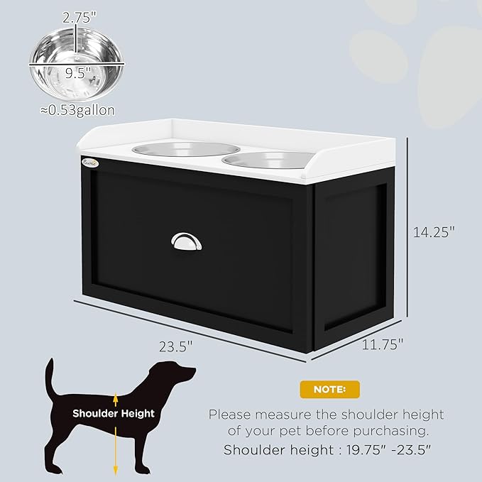 PawHut Dog Feeding Station with Storage Drawer, Elevated Dog Bowls for Large Dogs, White and Black