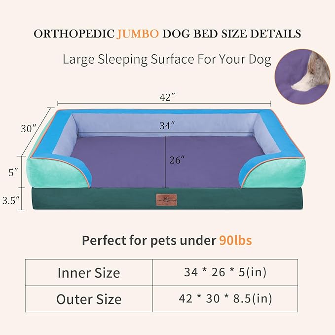 Comfort Expression Orthopedic Dog Bed for Extra Large Dogs 42x30 Inch, Waterproof Egg Crate Foam XL Pet Bed with Removable Bolsters, Dog Couch with Washable Cover & Non-Slip Bottom, Violet Tide