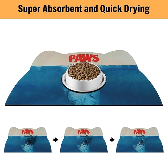 Cat Food Mat - Pet Feeding Mat for Floor, Non-Slip, Waterproof, Super Absorbent, Easy to Clean, Blue, Cat, Dog 15.9''x23.8''
