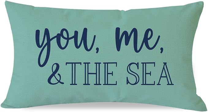 PANDICORN Summer Beach Throw Pillow Cover 12x20 Inch Blue Words You Me and The Sea Ocean Sea Coastal Aqua Outdoor Decorations Lumbar Decorative Cushion Case for Sofa Couch Home Living Room Decor