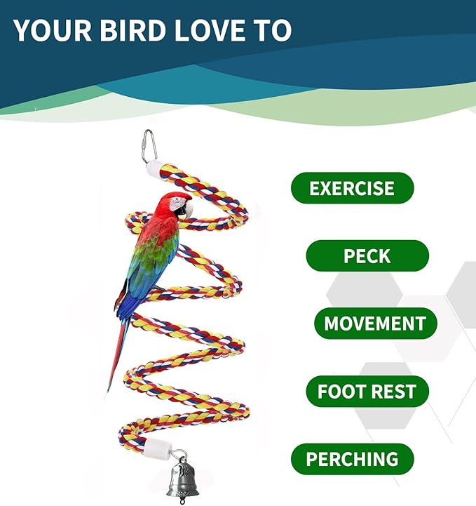 2Pcs 63'' Bird Rope Perches Birdcage Swing Toys 100% Cotton Natural Bird Perch Peck/Chewing with Bell Climbing Standing Bungee Parrot Toys for Small to Regular Size Parrot Cockatiel Birds