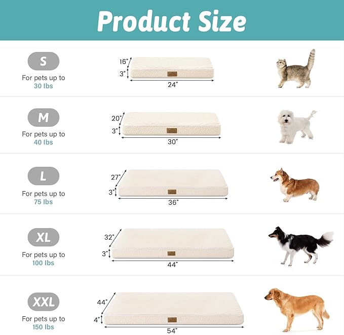 Dog Crate Bed for Small Size Dogs, Rectangular Orthopedic Cat Beds, Foam Anti-Slip Bottom Pet Mat with Washable Removable Cover, Suitable for Pet Up to 30 lbs, 24x16x3 inch, Beige