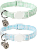 Lionet Paws 2pcs Pack Cotton Cat Collar,Breakaway Buckle with Green Blue Grid and Brand Pendant Cute Adjustable Cat Kitten Collar,Ideal for Girl Cats Boy Cats