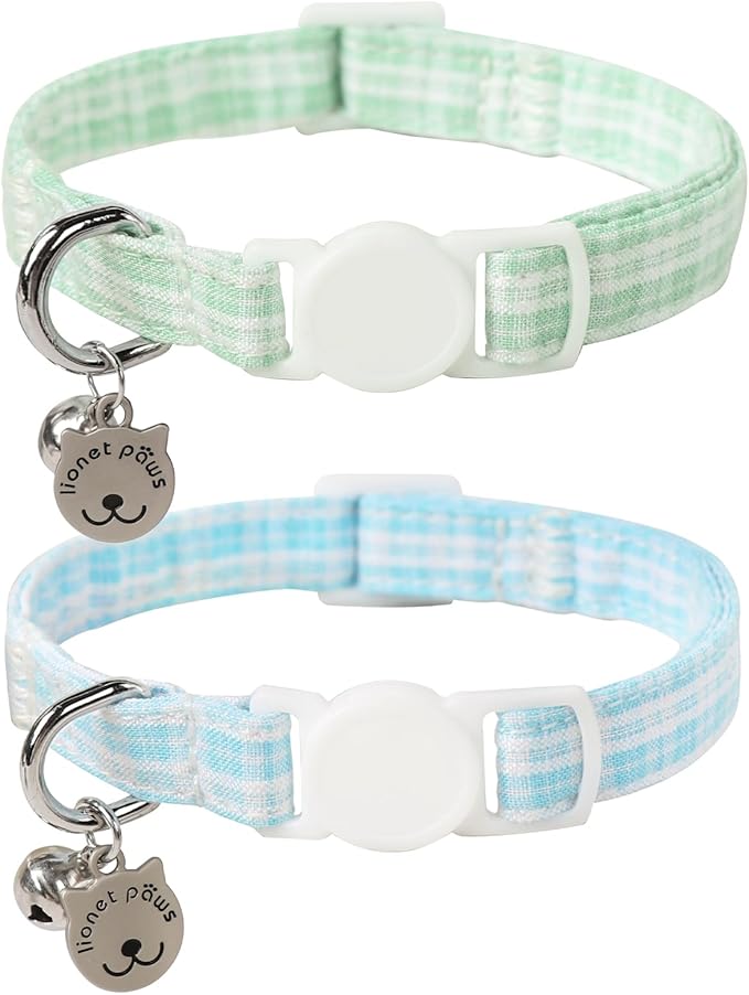 Lionet Paws 2pcs Pack Cotton Cat Collar,Breakaway Buckle with Green Blue Grid and Brand Pendant Cute Adjustable Cat Kitten Collar,Ideal for Girl Cats Boy Cats