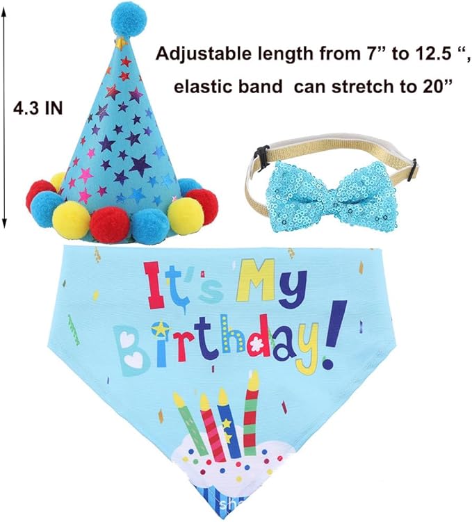 Dog Birthday Decorations,Puppy Birthday Party Outfits, Birthday Hat,Bow Tie,Bandana,Happy Birthday Banner,Pet Theme Suit Apparel & Accessories for Boy Golden Doodle Teddy Husky Labrador(4PCS Blue)
