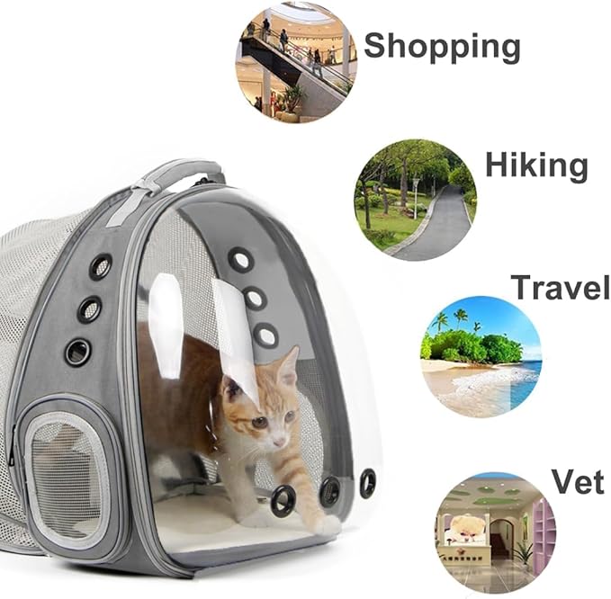 Back Expandable Cat Backpack Carrier, Fit up to 12 lbs, Space Capsule Bubble Window Pet Carrier Backpack for Kitten Bunny Rabbie and Small Puppy Grey
