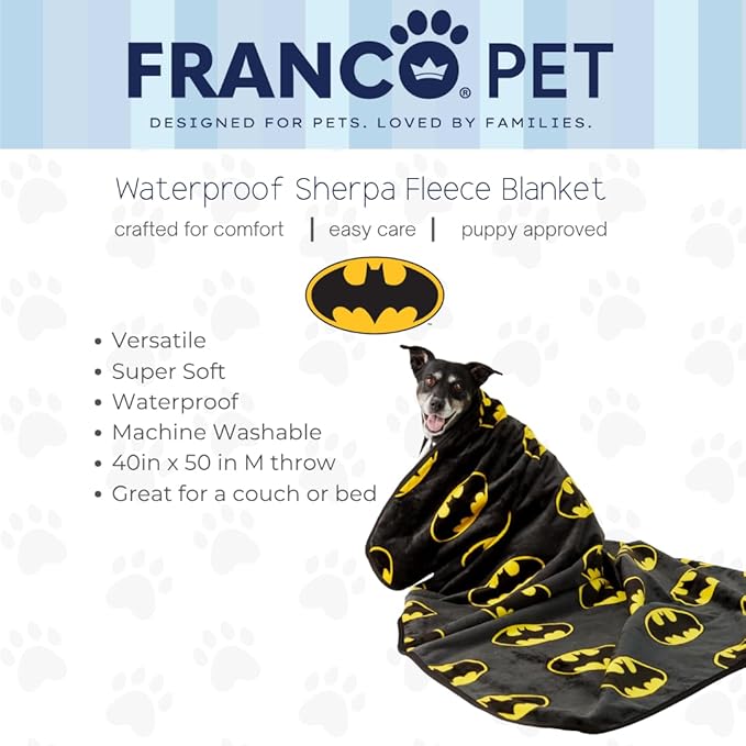 Franco Pet Batman DC Comics Bat Shield Logo Super Soft Cozy Waterproof Sherpa-Backed Blanket Throw for Medium Dogs, Couch/Bed/Car, 40x50 (Officially Licensed Product)