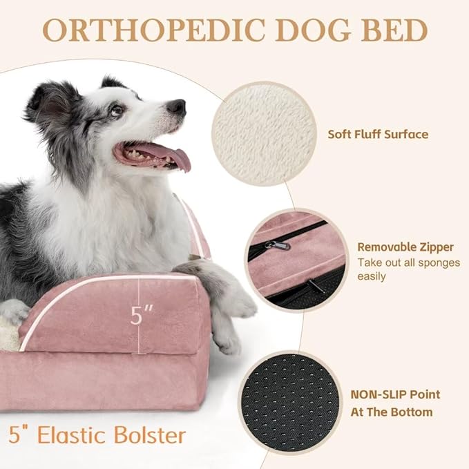 Comfort Expression Orthopedic Dog Bed for Extra Large Dogs 42x30 Inch, Waterproof Supportive Egg Crate Foam XL Pet Bed with Removable Bolsters, Dog Couch with Washable Cover & Non-Slip Bottom, Pink