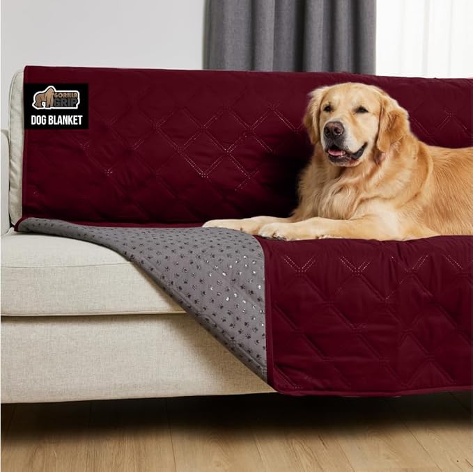 GORILLA GRIP Waterproof Bed Cover for Dogs, 82x52, Gripped Slip Resistant Backing, Leak Proof Washable Dog Blanket Covers Sofa, Couch, Sectional, Crate, Car, RV Seats, Pet Puppy Essentials, Burgandy