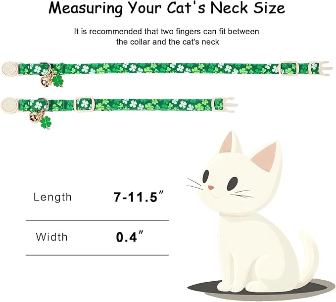 2 Pack St. Patrick’s Day Cat Collars - Breakaway Cat Collar with Bell, Lucky Clover Pendant, Adjustable Cute Green Bold Shamrock Kitten Collars for Boy Girl Cats
