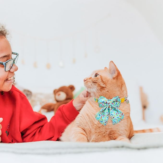 SCENEREAL Birthday Cat Collar with Bell & Stylish Bowtie, Breakaway Cat Collars Accessories for Boy Girl Small Cats, Holiday Kitten Gifts Costumes for Female Male Pets Puppy