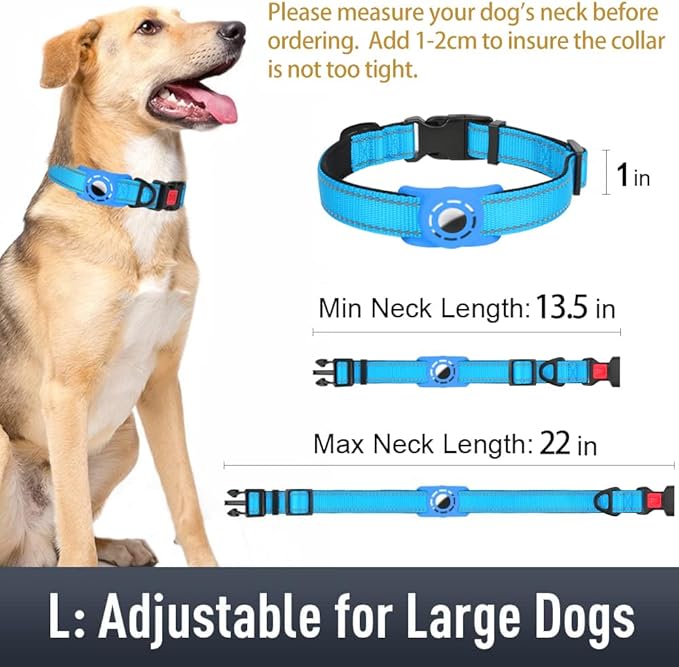 Airtag Dog Collar with AirTag Holder for Large Dogs, Reflective, Soft Padded & Safety Locking Buckle, Nylon Pet Collars Adjustable for All Breeds, SkyBlue,L