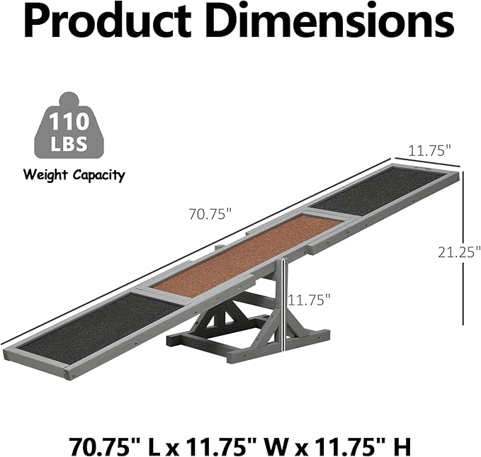 71" Dog Agility Seesaw Outdoor for Training and Exercise, Wooden Platform Dog Agility Training Equipment - Dog Obstacle Course Backyard Run Game Toy (Gray)